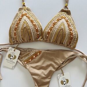 NWT Gold Boho Sexy Handmade Beaded Bikini Set Swimsuit Colombian Swimwear
